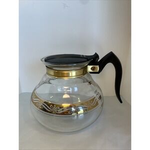 Vintage 1950s Glass Cory Coffee Carafe With Bakelite Lid And Handle 8 Cups Gold